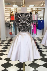 Cute Homecoming Dress Two Piece Beaded Champagne Short Party Cocktail Dress