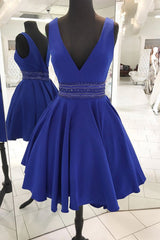 Cute Homecoming Dress V Neck Blue Beaded Short Party Cocktail Dress
