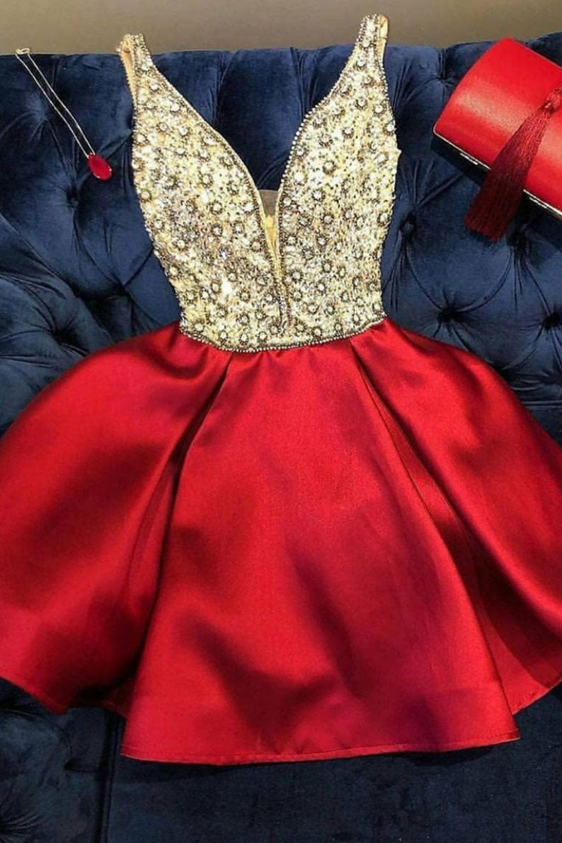 Cute Homecoming Dress V Neck Satin Beaded Short Party Cocktail Dress