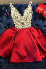 Cute Homecoming Dress V Neck Satin Beaded Short Party Cocktail Dress