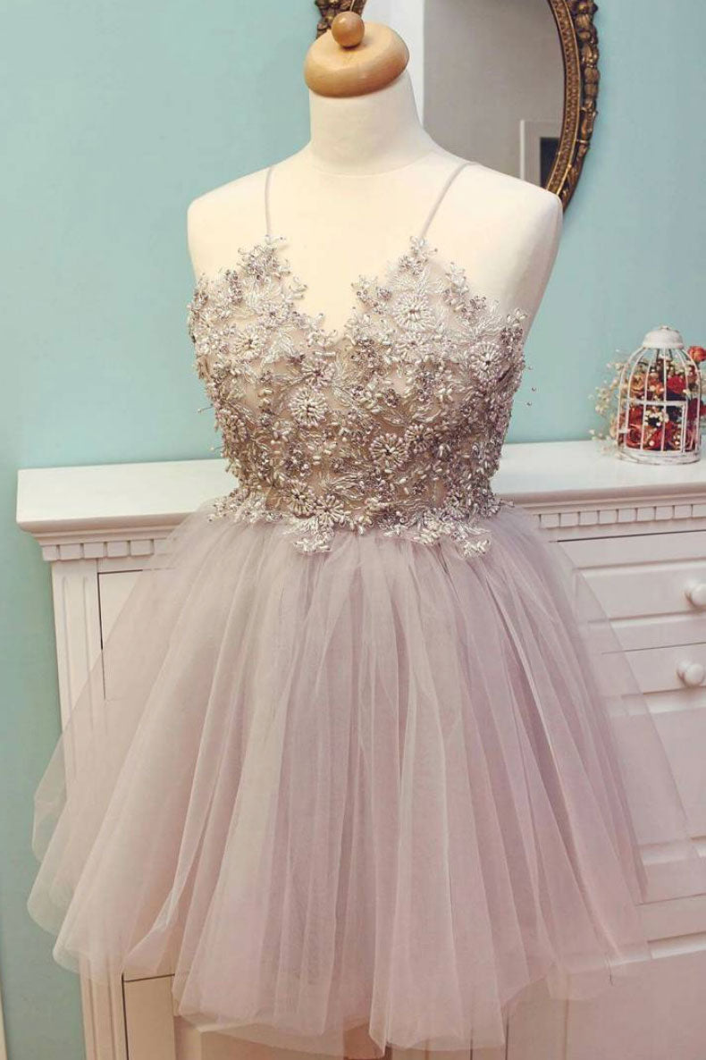 Cute Homecoming Dress V Neck Tulle Beaded Short Party Cocktail Dress