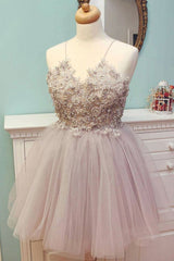 Cute Homecoming Dress V Neck Tulle Beaded Short Party Cocktail Dress