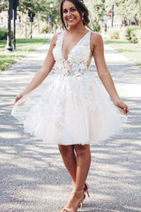 Cute Homecoming Dress V Neck Tulle Lace Short Party Cocktail Dress
