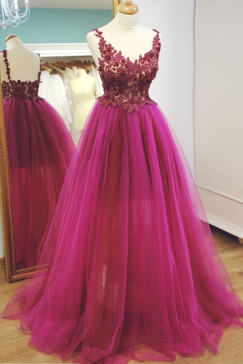 Cute Lace Tulle Prom Dress Long Formal Evening Dress