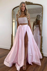 Pink Strapless Beaded Top Long Satin Prom Dress With Slit Formal Evening Gown