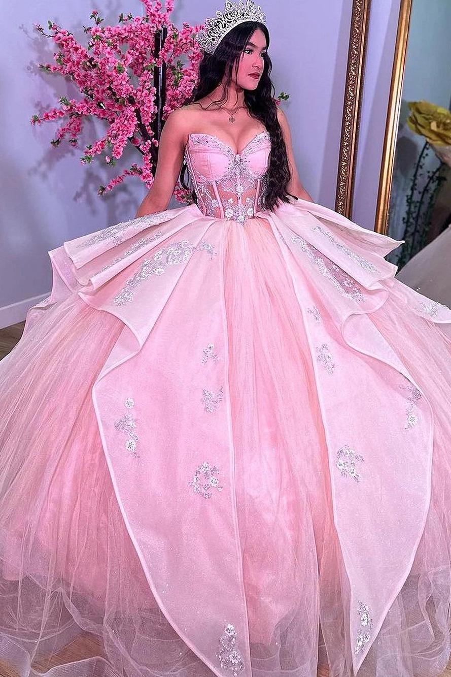 Cute & Sweet Ball Gown Sweetheart Neck Lace Flower Appliques Tiered Ruffles Pink Tulle Princess Quinceanera Dress Formal Evening Dress For Sweet 16