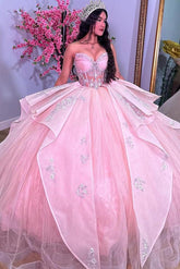Cute & Sweet Ball Gown Sweetheart Neck Lace Flower Appliques Tiered Ruffles Pink Tulle Princess Quinceanera Dress Formal Evening Dress For Sweet 16