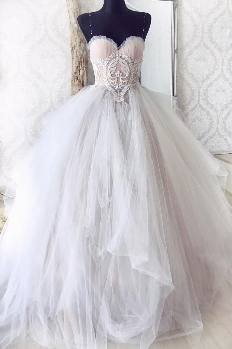 Cute Sweetheart Prom Dress Lace Tulle Gray Long Evening Dress