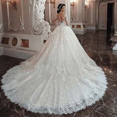 Long Sleeve Wedding Dress Ball Gown Bridal Dress with Lace Appliques