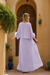 Floor-Length Mother of the Bride Dress with Cape Feathers and Jewel Neckline