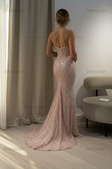 Pink Mermaid Prom Dress Strapless Formal Dress With Beadings and Rhinestones