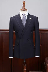 Dark Blue Double Breasted Peaked Lapel Business Suit