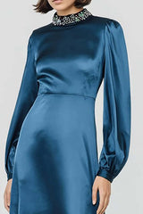 Dressystars Dark Blue High Neck A-Line Long Satin Prom Dress With Beading