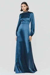 Dressystars Dark Blue High Neck A-Line Long Satin Prom Dress With Beading
