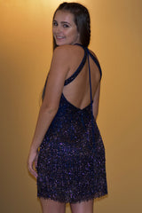 Dark Blue Homecoming Dresses Open Back Sequin Cocktail Dresses