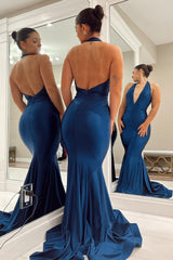 Dark Blue Mermaid Evening Dress Backless Long Prom Dress