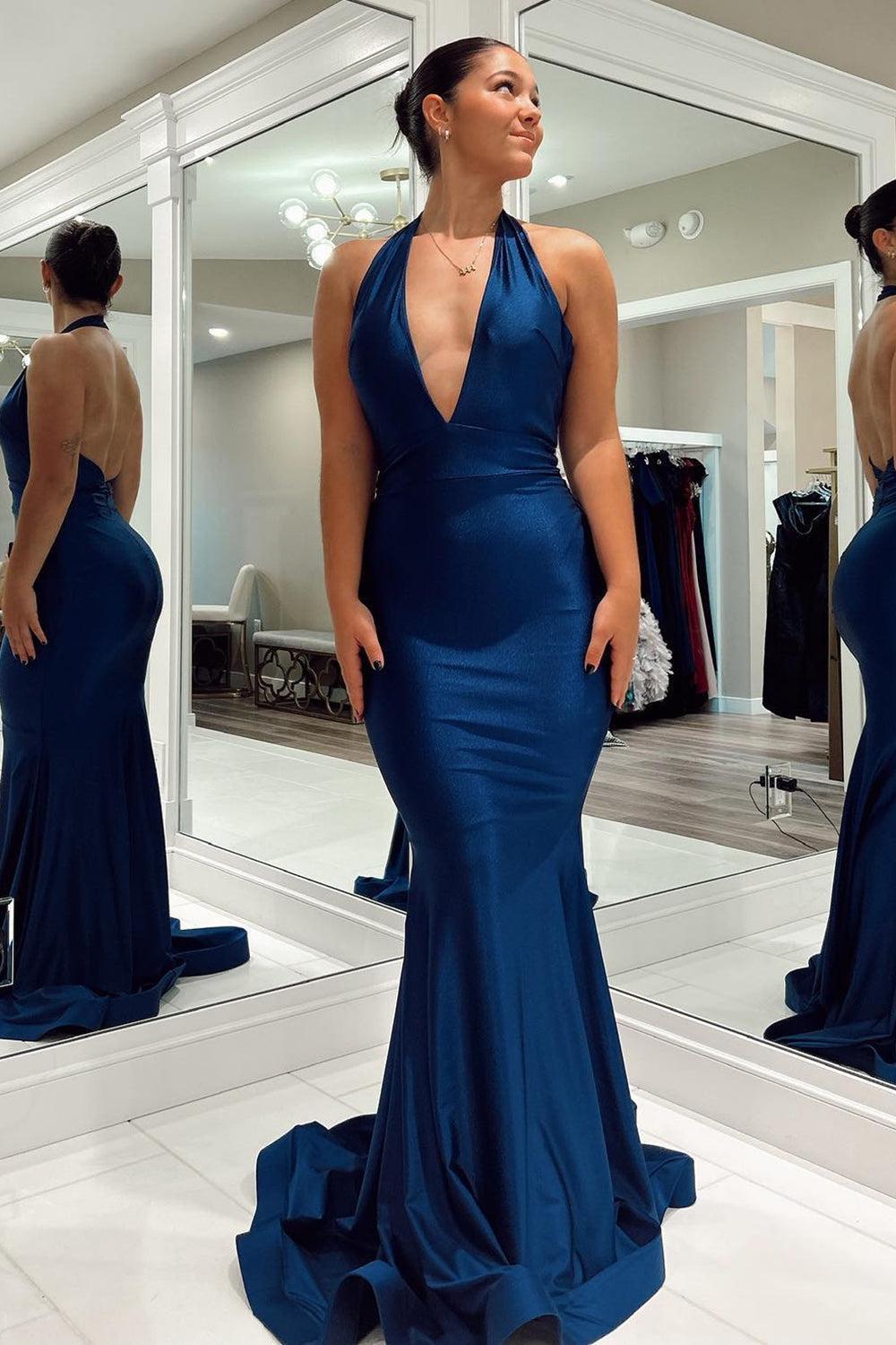 Dark Blue Mermaid Evening Dress Backless Long Prom Dress