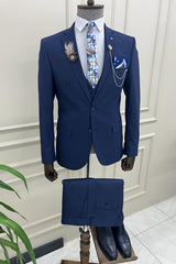 Dark Blue Notched Lapel 3 Piece Close Fitting Prom Suit