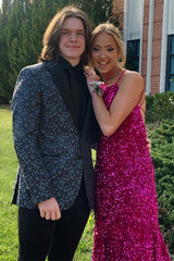 Dark Blue Peak Lapel Jacquard Men's Prom Homecoming Jacket