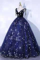 Dark Blue Prom Dress A Line Tulle Lace Long Formal Dress Evening Dress