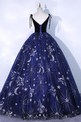 Dark Blue Prom Dress A Line Tulle Lace Long Formal Dress Evening Dress