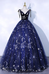 Dark Blue Prom Dress A Line Tulle Lace Long Formal Dress Evening Dress
