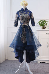 Dark Blue Prom Dress Lace Appliques Short Evening Dress