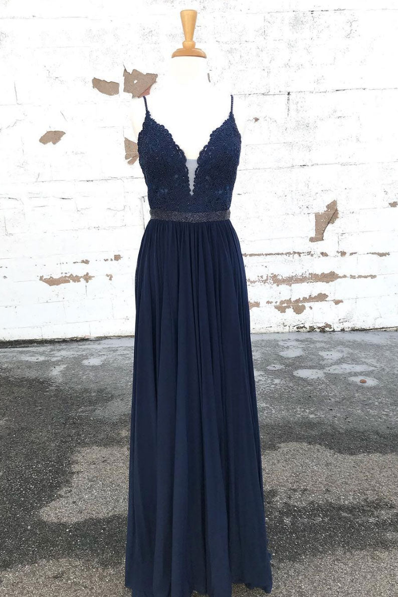 Dark Blue Prom Dress Lace Chiffon Long Formal Gown Evening Dress