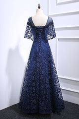Dark Blue Prom Dress Lace Long Evening Dress