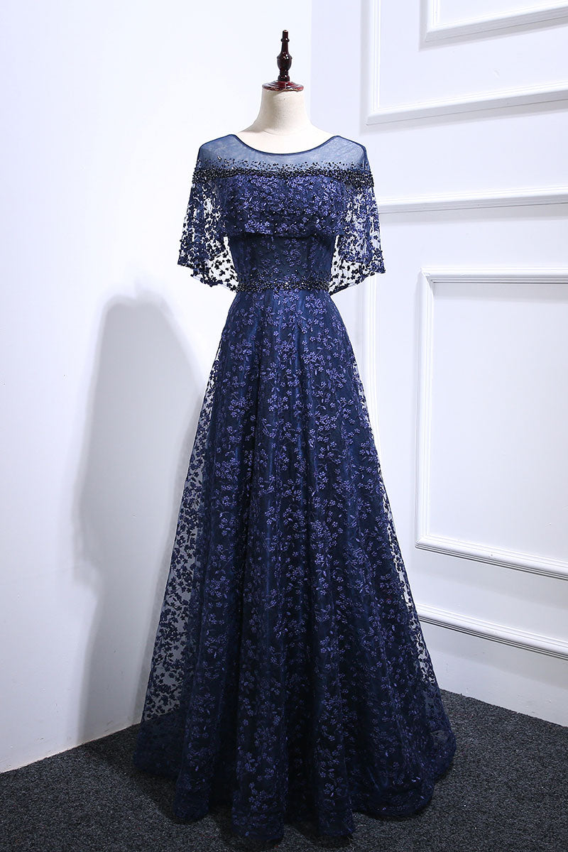 Dark Blue Prom Dress Lace Long Evening Dress
