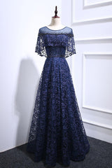 Dark Blue Prom Dress Lace Long Evening Dress