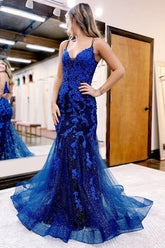 Dark Blue Prom Dress Mermaid Long Lace Evening Dress