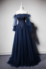 Dark Blue Prom Dress Off the Shoulder Tulle Long Formal Evening Dress