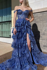 Dark Blue Prom Dress Princess A Line Off the Shoulder Corset Evening Dress with Lace Ruffles