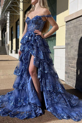 Dark Blue Prom Dress Princess A Line Off the Shoulder Corset Evening Dress with Lace Ruffles