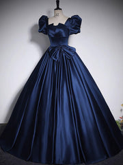 Dark Blue Prom Dress Satin Long Formal Gown Evening Dress