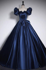 Dark Blue Prom Dress Satin Long Formal Gown Evening Dress
