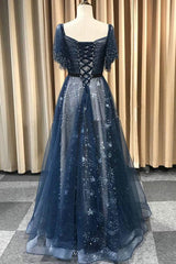 Dark Blue Prom Dress Tulle Long Evening Dress