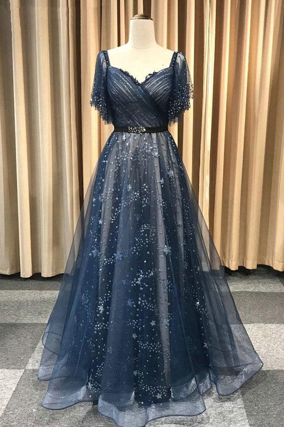 Dark Blue Prom Dress Tulle Long Evening Dress