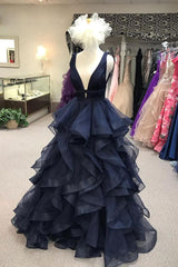 Dark Blue Prom Dress Tulle Long Evening Dress