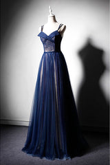 Dark Blue Prom Dress Tulle Long Formal Gown Evening Dress