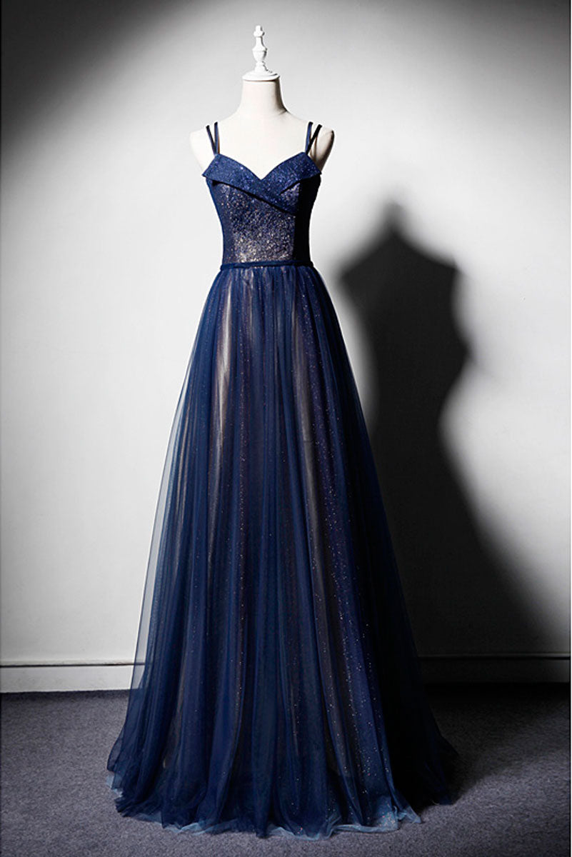 Dark Blue Prom Dress Tulle Long Formal Gown Evening Dress
