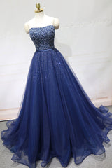 Dark Blue Prom Dress Tulle Sequin Long Formal Evening Dress