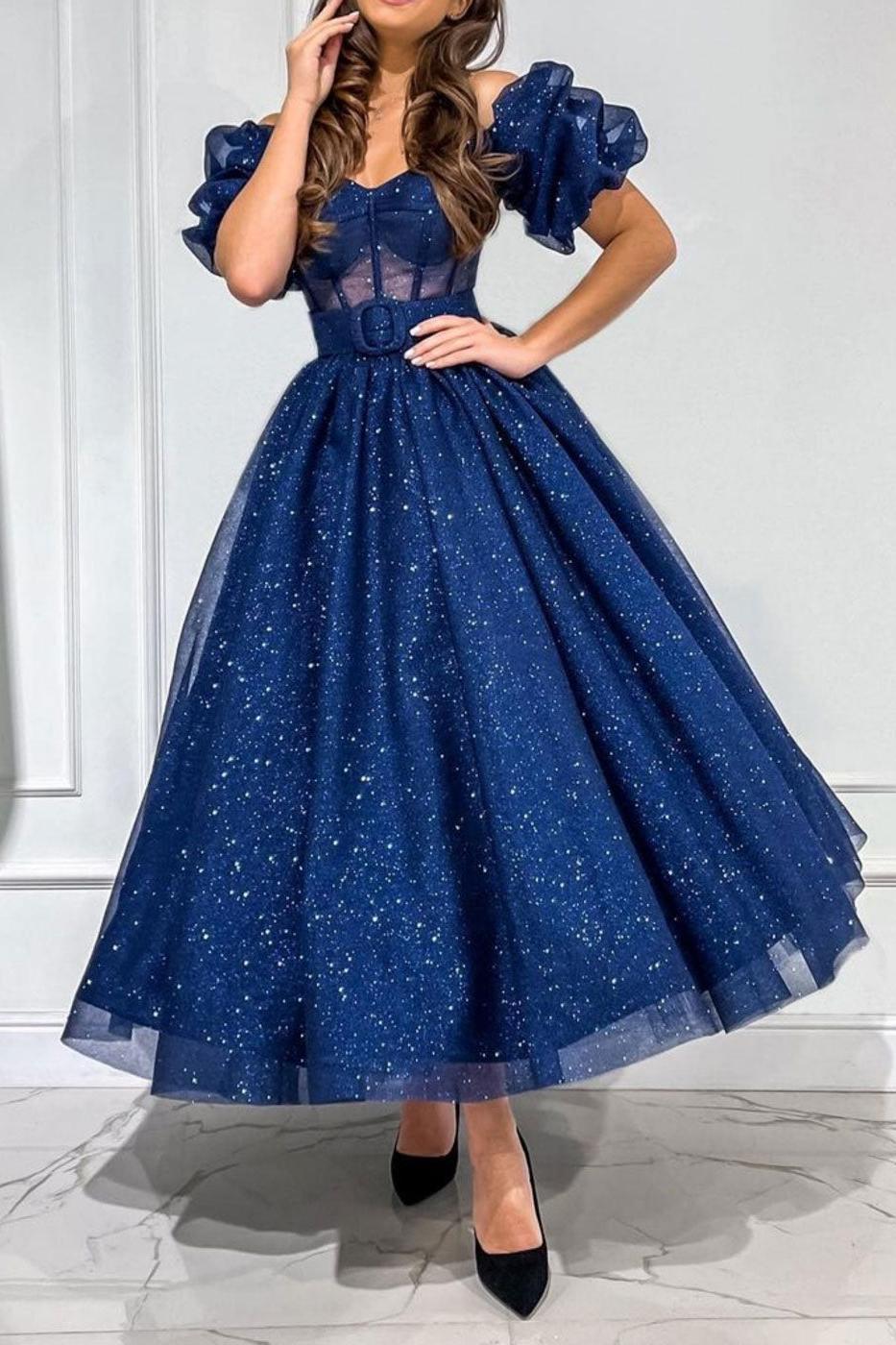 Dark Blue Prom Dress Tulle Tea Length Formal Gown Evening Dress