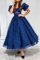 Dark Blue Prom Dress Tulle Tea Length Formal Gown Evening Dress