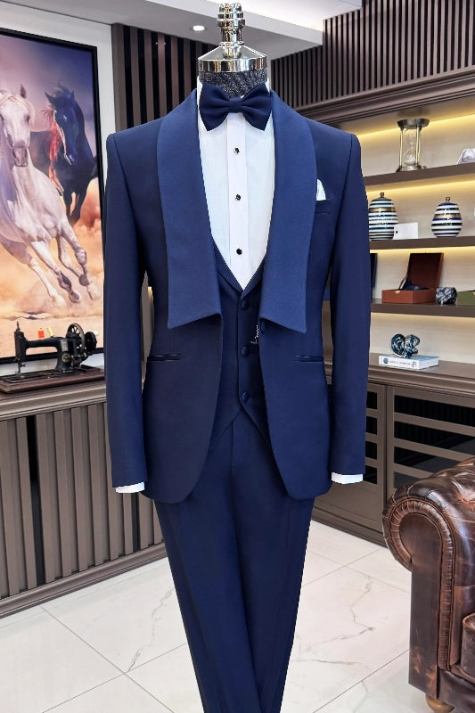 Dark Blue Shawl Lapel 3 Piece Wedding Men's Suit