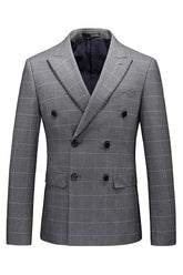 Dark Gray Double Breasted Plaid Business Suit for Men