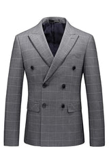 Dark Gray Double Breasted Plaid Business Suit for Men