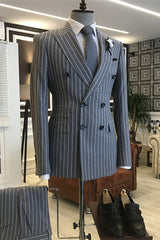 Dark Gray Striped Peaked Lapel Double Breasted Formal Business Suit