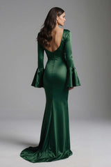 Dressystars Dark Green Backless Flare Sleeves Mermaid Long Evening Dress With Ruffles